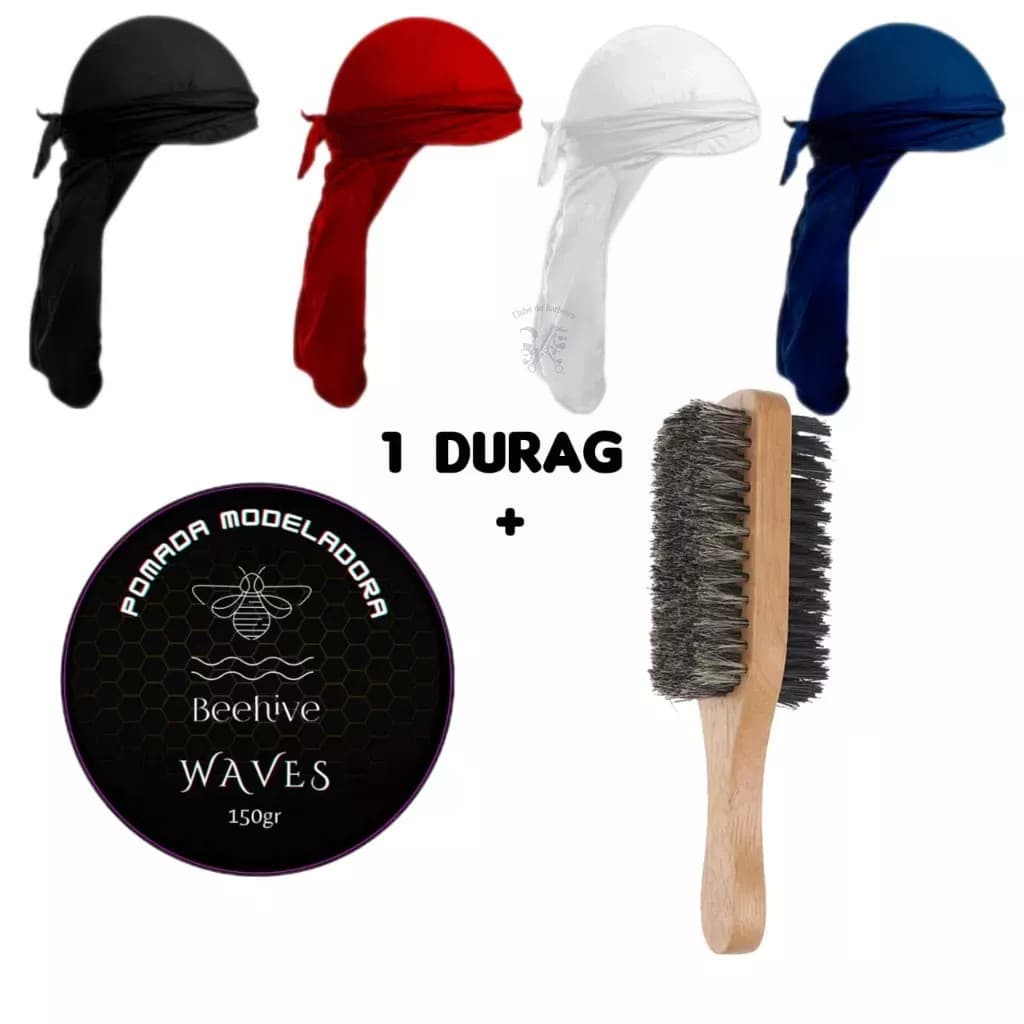 Kit Durag Waves Escova Dupla e Pomada,  Bandanas Dureg Barbearia E Cabeleleiro.