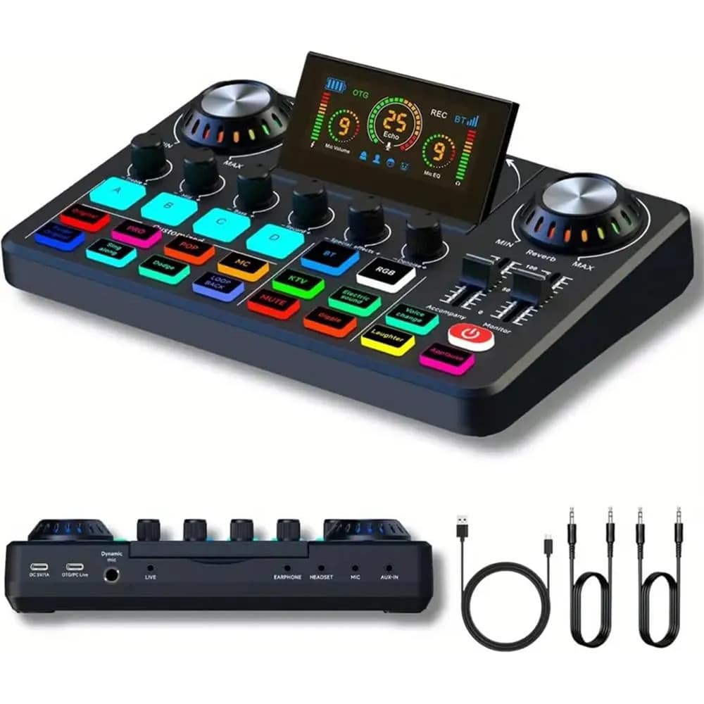 Mixer F668 Bluetooth com Voice Changer e RGB - Placa de Som para PC e Celular