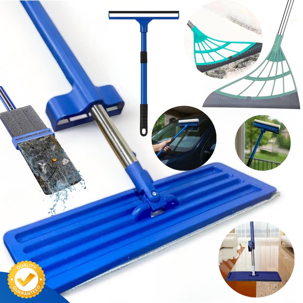Mop Flat Limpeza Esfregão Uso Diário + Rodo Vassoura de Silicone + Limpador para Vidros e Janelas - Faxina completa