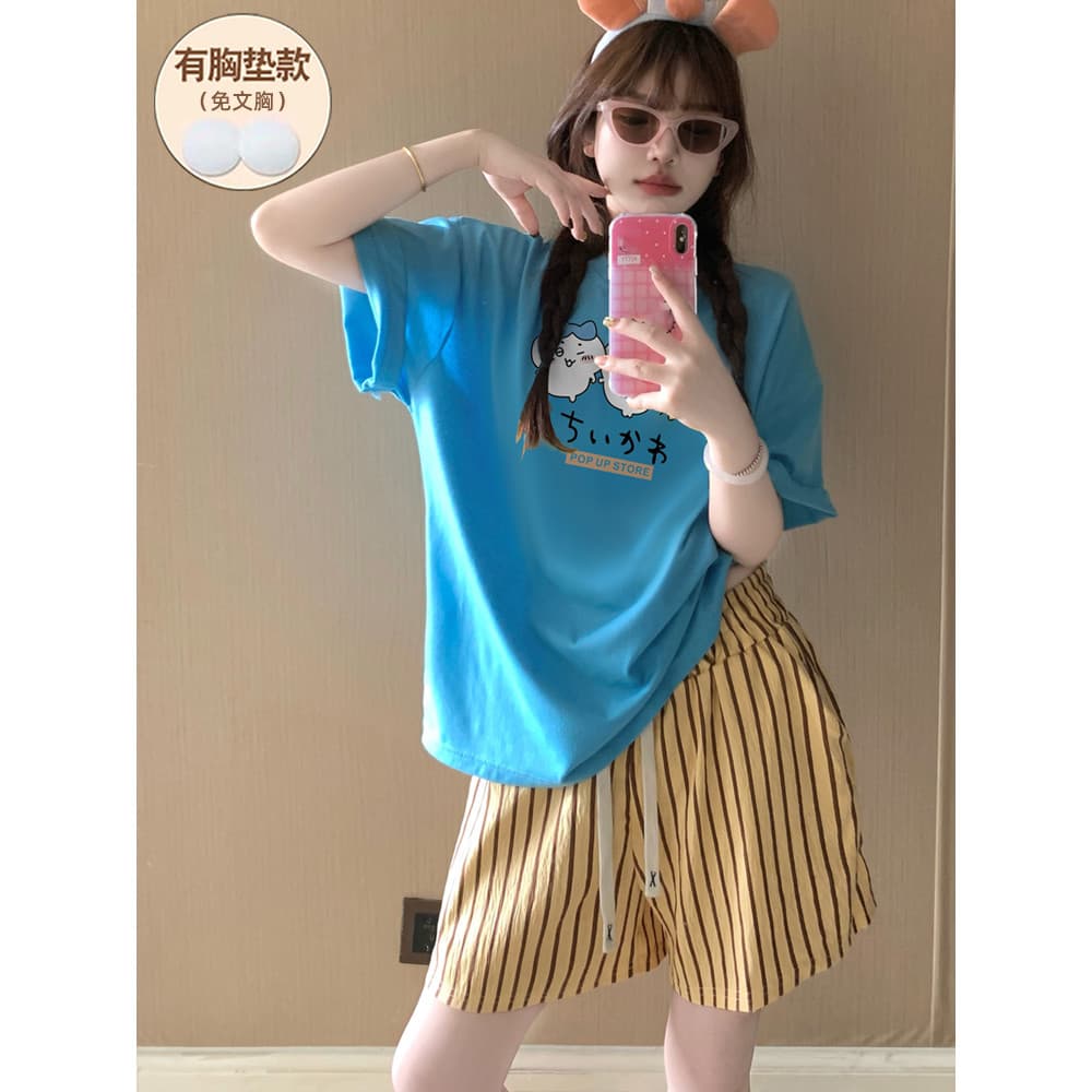 Pijamas femininos verão algodão puro com almofada no peito manga curta 2026 novo estilo Plus Size bonito dos desenhos an