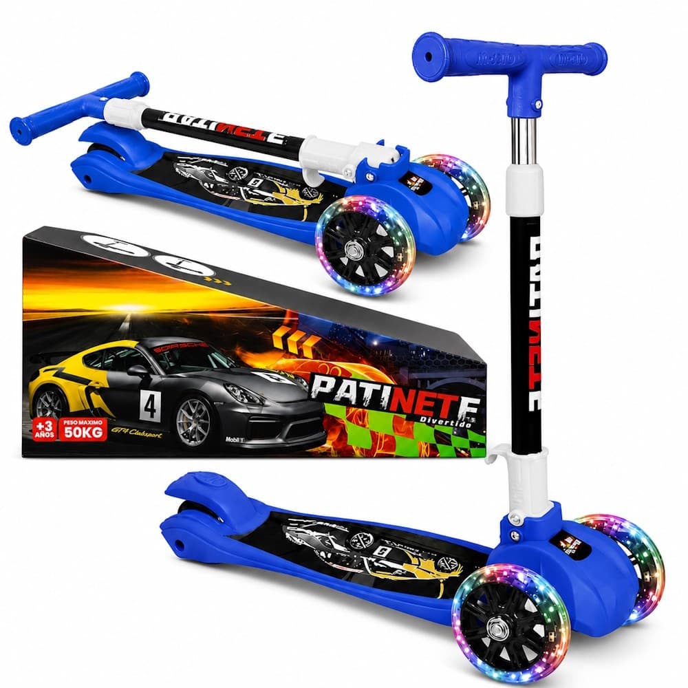 Patinete Infantil Super Scooter Resistente 3 Rodas Leds Meninos Presente na Caixa Azul
