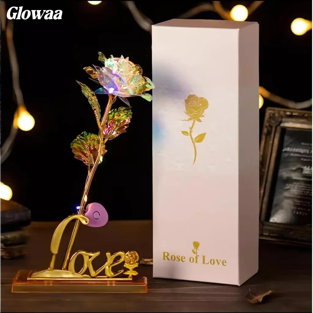 Rosa Brilhante Flor Artificial 24k Folha Plástico Na Caixa De Presente para o Dia dos Namorados