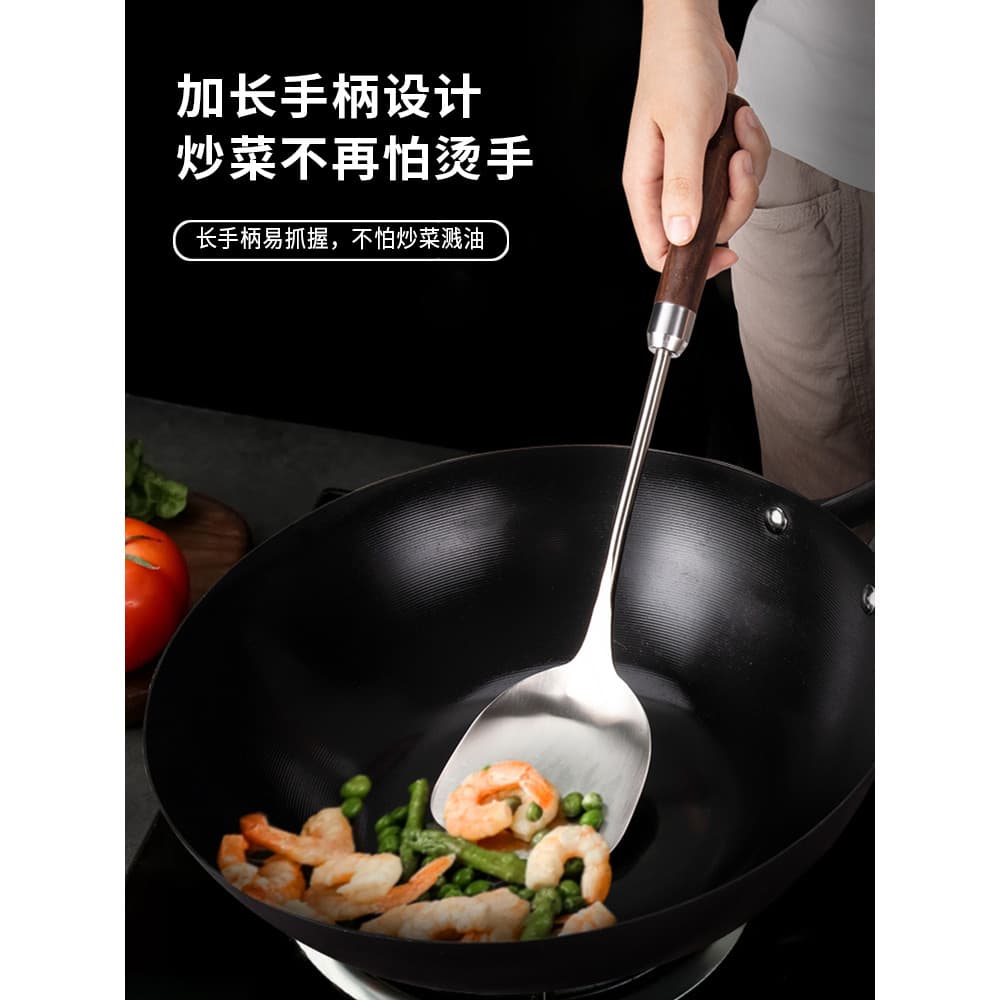 Pai 304 Aço Inoxidável Doméstico Espessado Cabo De Madeira De Cabo Longo Espátula Anti-escaldante Espátula Espátula Espá