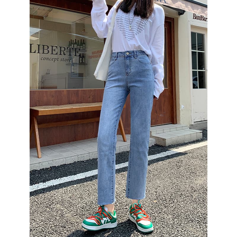 Azul claro verão estilo fino desgastado Jeans feminino pequeno tornozelo comprimento tornozelo 145cm148 mais magro olhar