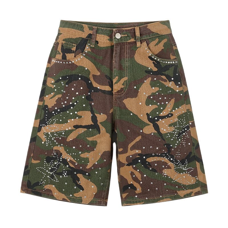 [Estilo mais vendido] Calças de cinco pontos de trabalho de camuflagem de venda quente Enfeite de diamante completo High