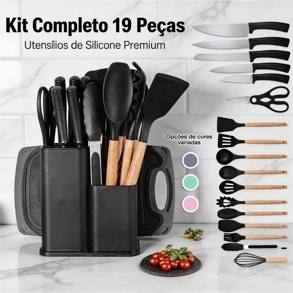 厨房M459  Kit de Facas e Utensílios de Cozinha 19 Peças Completa com Suporte Aço Inoxidável Silicone Antiaderente