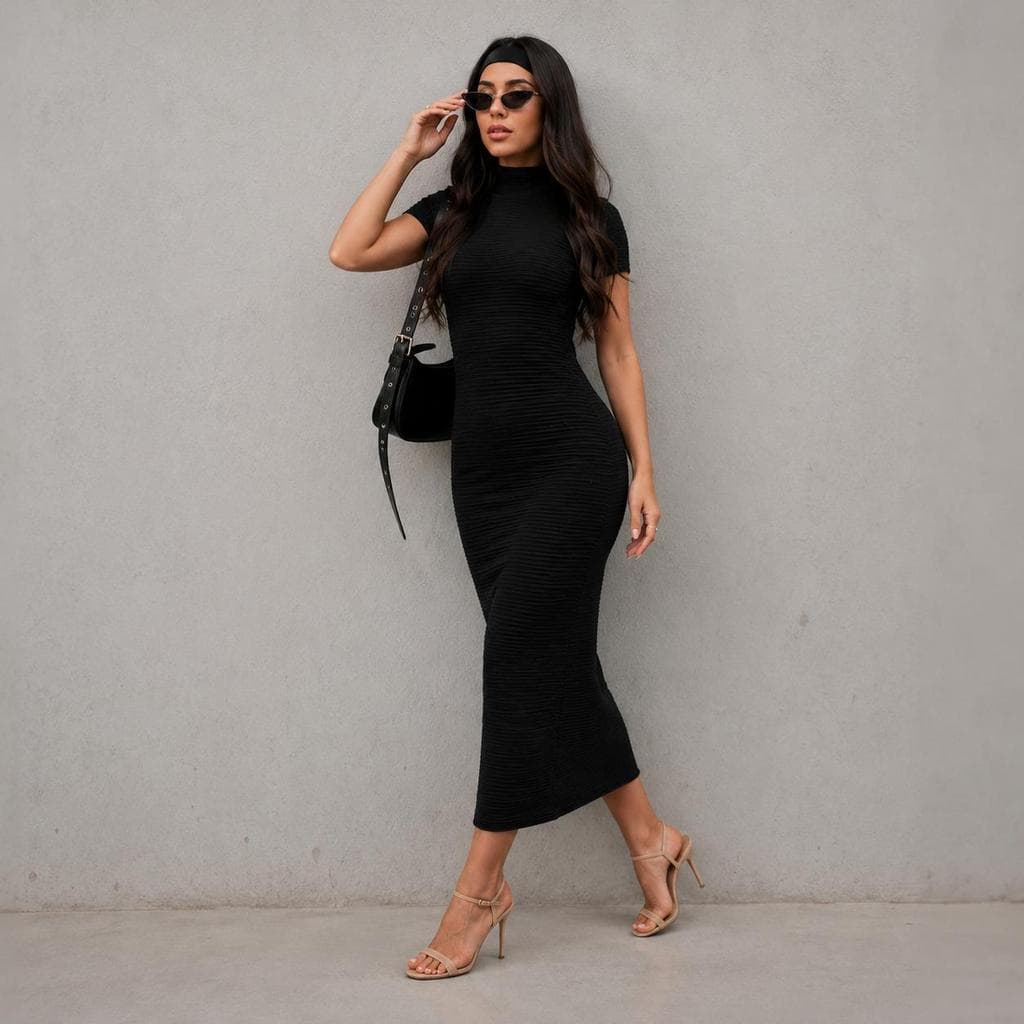 Vestido Midi Longo Gola Alta e Manga Curta Gringa Premium para Estilo Moderno e Elegante