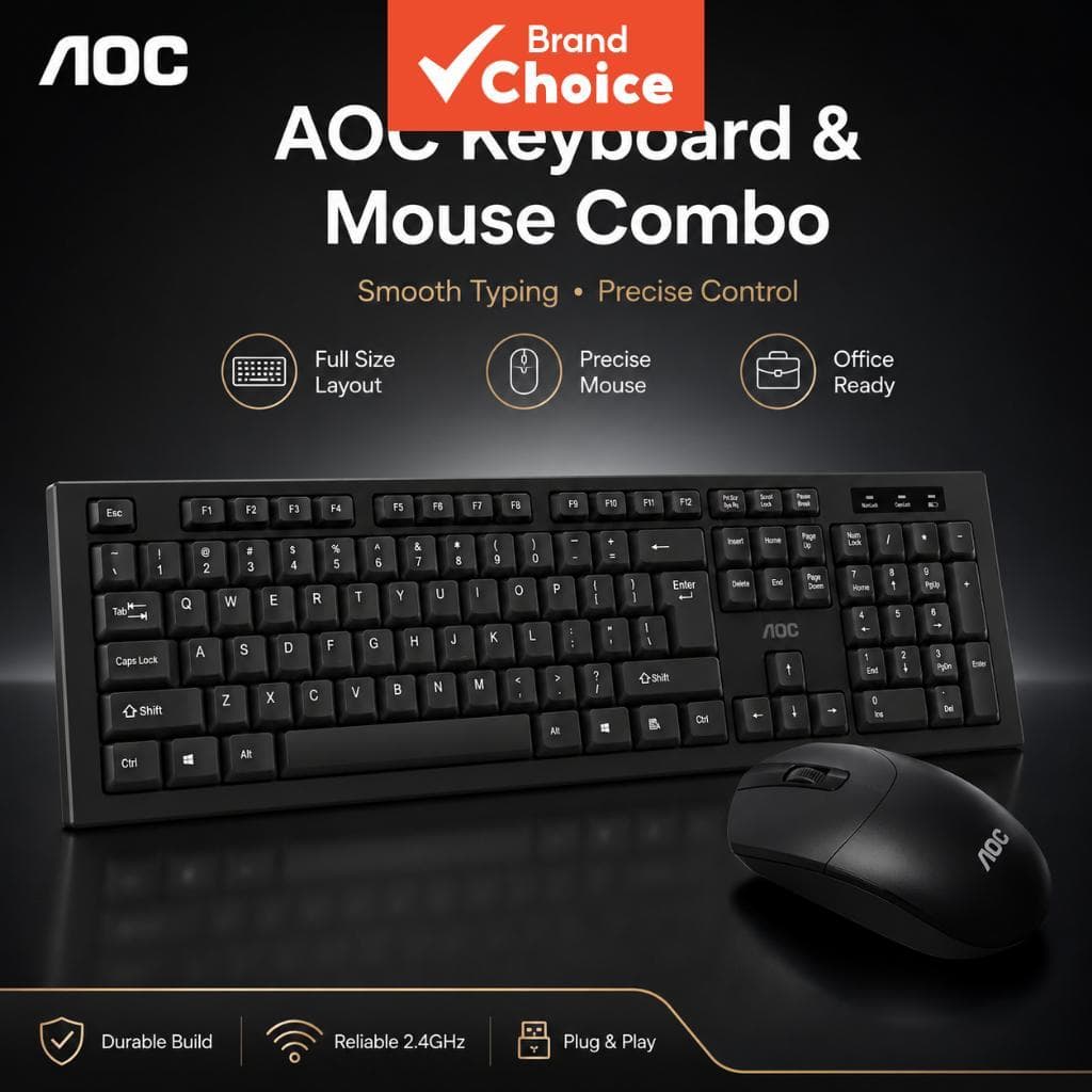 Teclado e Mouse Sem Fio AOC Conjunto Completo Tamanho Padrão 2.4GHz Plug & Play Teclado Ergonômico de Escritório para