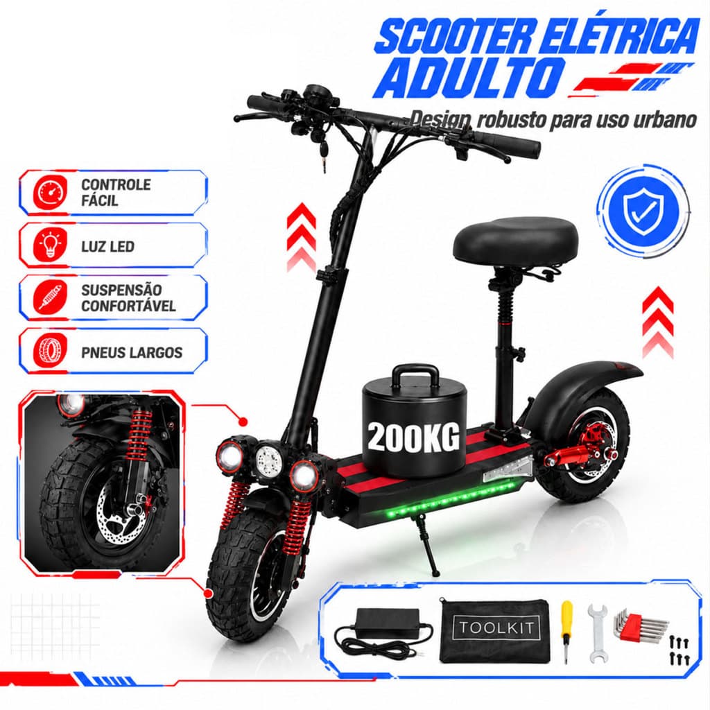 Patinete Elétrico Adulto 800W 48V 13Ah Até 45km/h Autonomia 50km com Assento e Suspensão