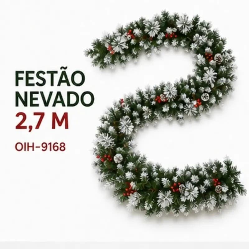 Guirlanda Festão de Natal Premium 270cm com Galhos de PVC, Pinhas Nevadas e Detalhes Vermelhos OIH-9168