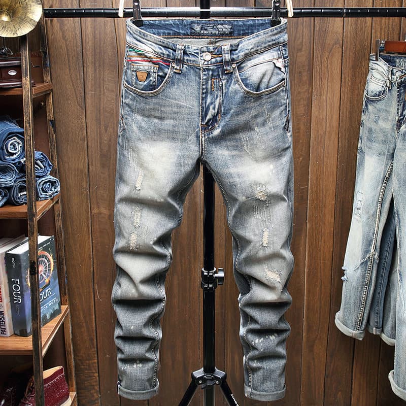 2026 novo estilo bens europeus Street Wear lavado americano Retro rasgado Jeans masculino primavera outono estilo calças