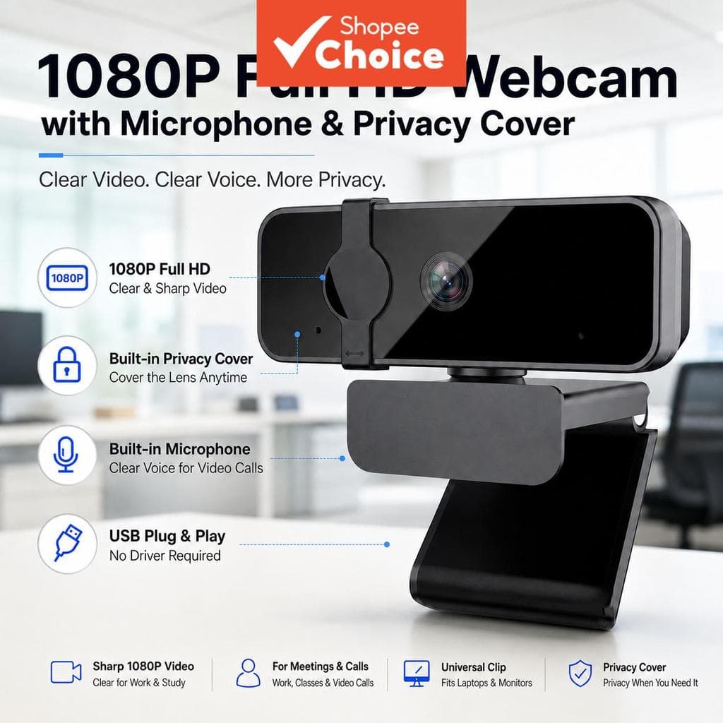 Câmera Web JCL 1080p USB para PC, notebook e desktop, microfones com redução de ruído, foco fixo 73° FOV, tampa de