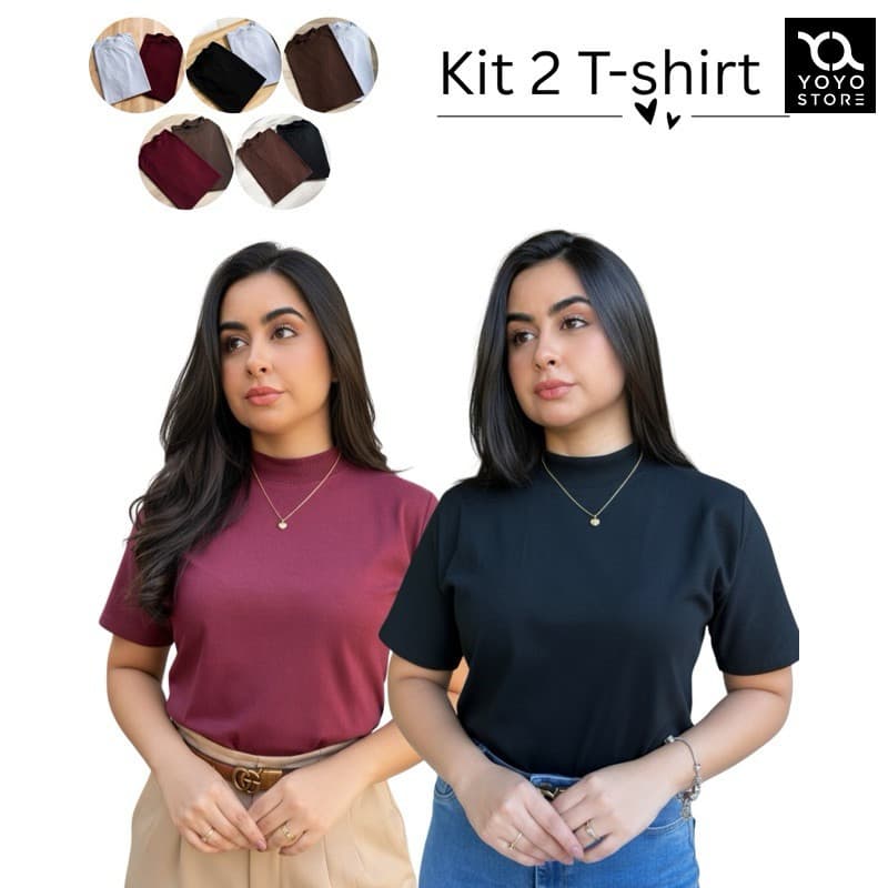 Kit 2 Camisetas Femininas Básicas Gola Alta Algodão Lisa Moderna Elegante Casual Confortável e Estilosa