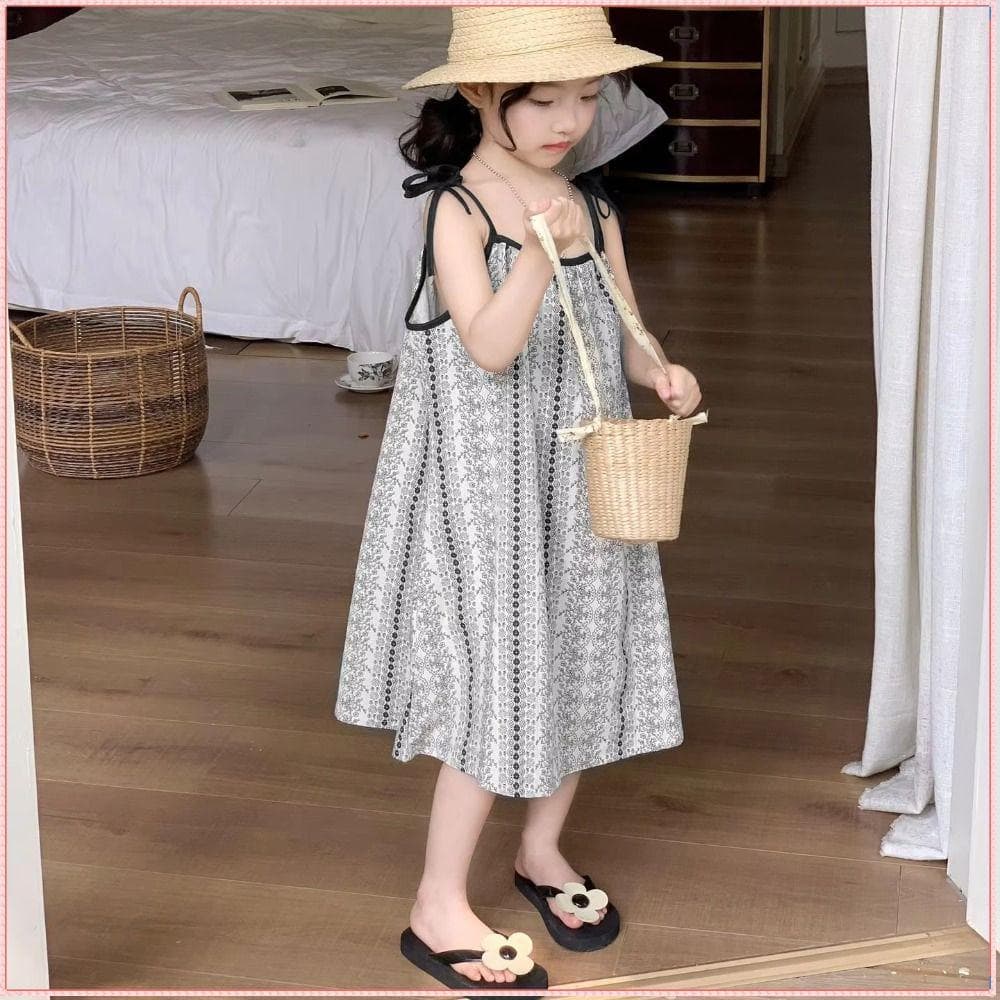 Vestido Floral Infantil  , De Férias Estampado Com Estampa Solto , Alças Ajustáveis