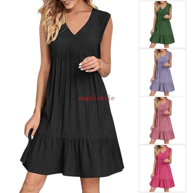 Ace Vestido Feminino Casual Com Decote Em V , Cintura Babados , Sem Mangas , Design Leve , Poliéster , Roupa De Verão