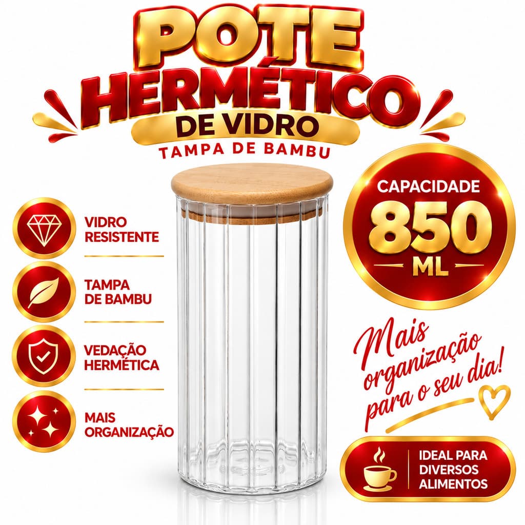Pote De Alimentos Herméticos com Tampa de Bambu Organização com estilo
