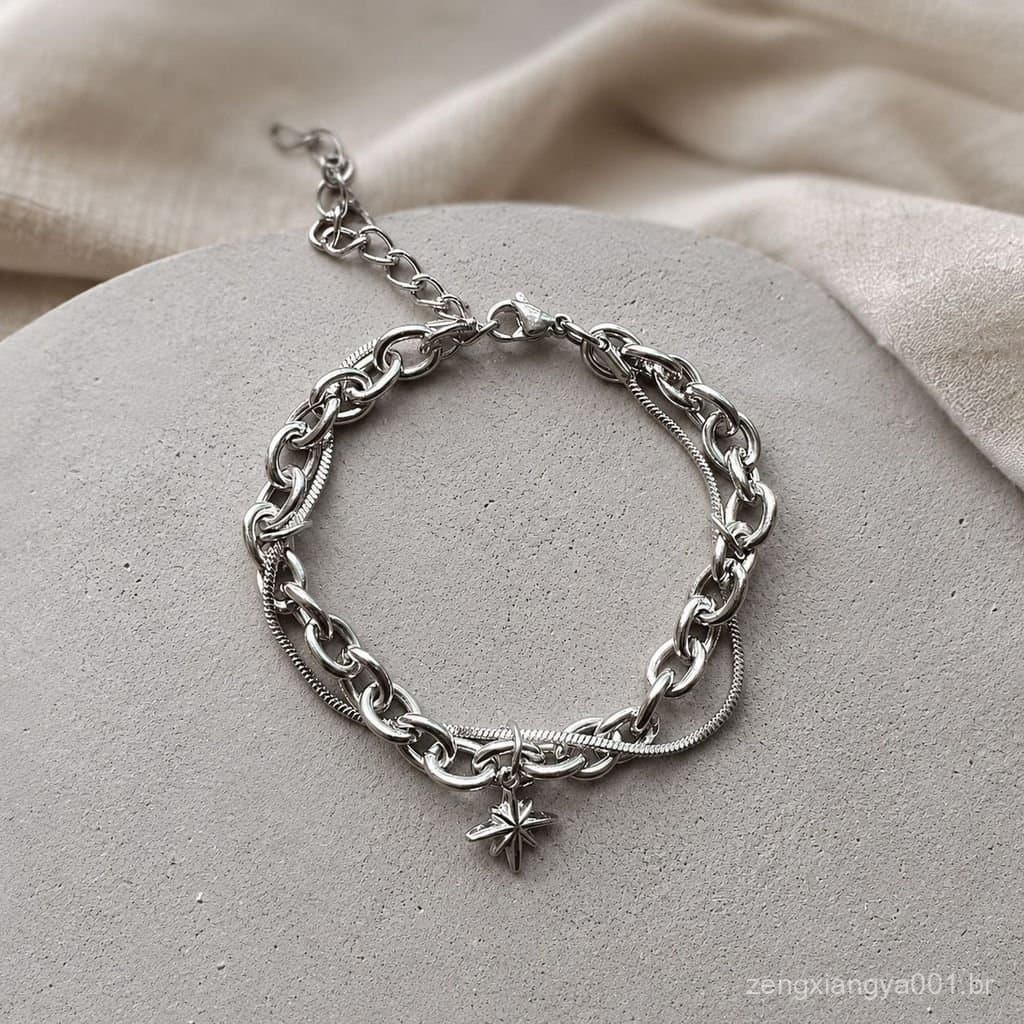 Pulseiras De Camada Dupla Com Pingente De Luz Estrela De Aço Inoxidável Para Homens Que Não Desbotam Joias De Pulso