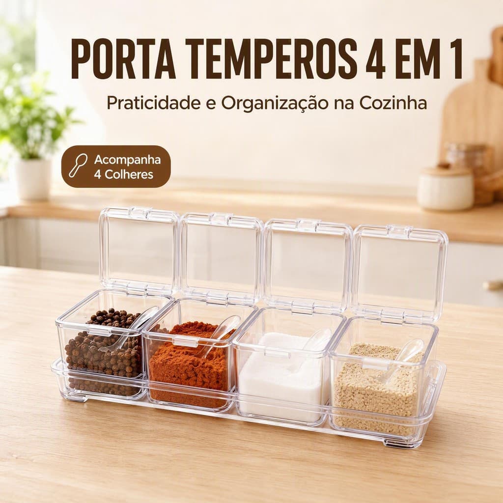 Porta Condimento Organizador Tempero Acrílico Cozinha Temperos 4 potes
