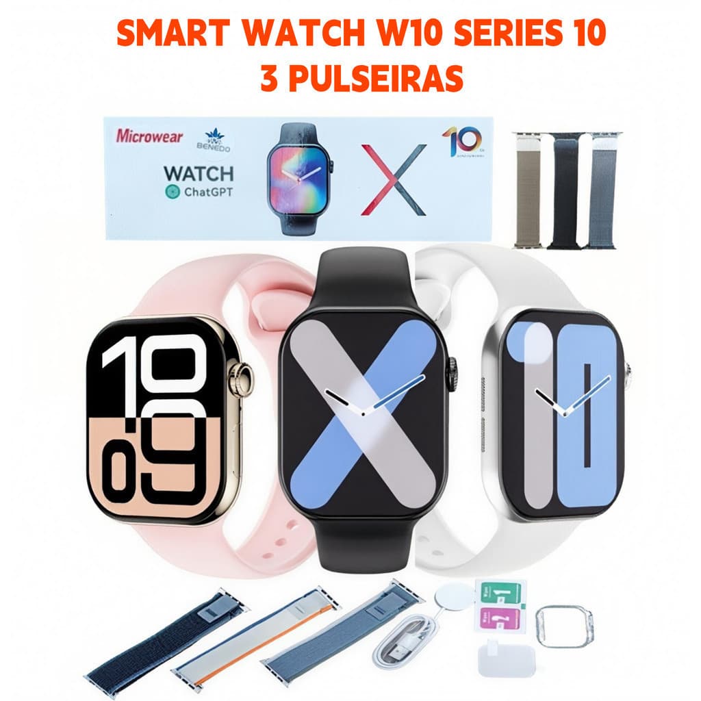 Smartwatch W10 Series 10 2025 46 mm 3 Pulseira capa pelicula Microwear Original inteligentes