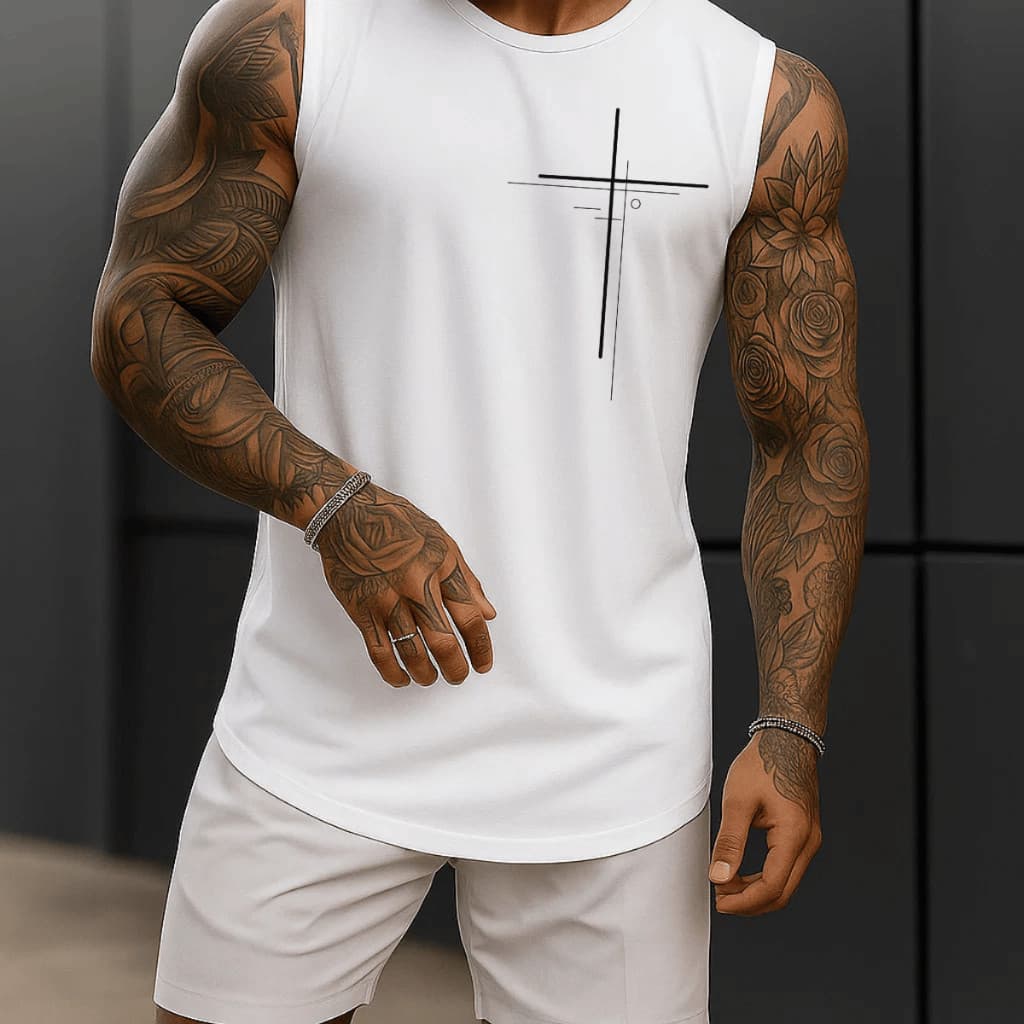 Regata Masculina Cristã Academia Algodão 100% Estampada Cruz Minimalista Premium Treino Fitness Casual Streetwear Verão