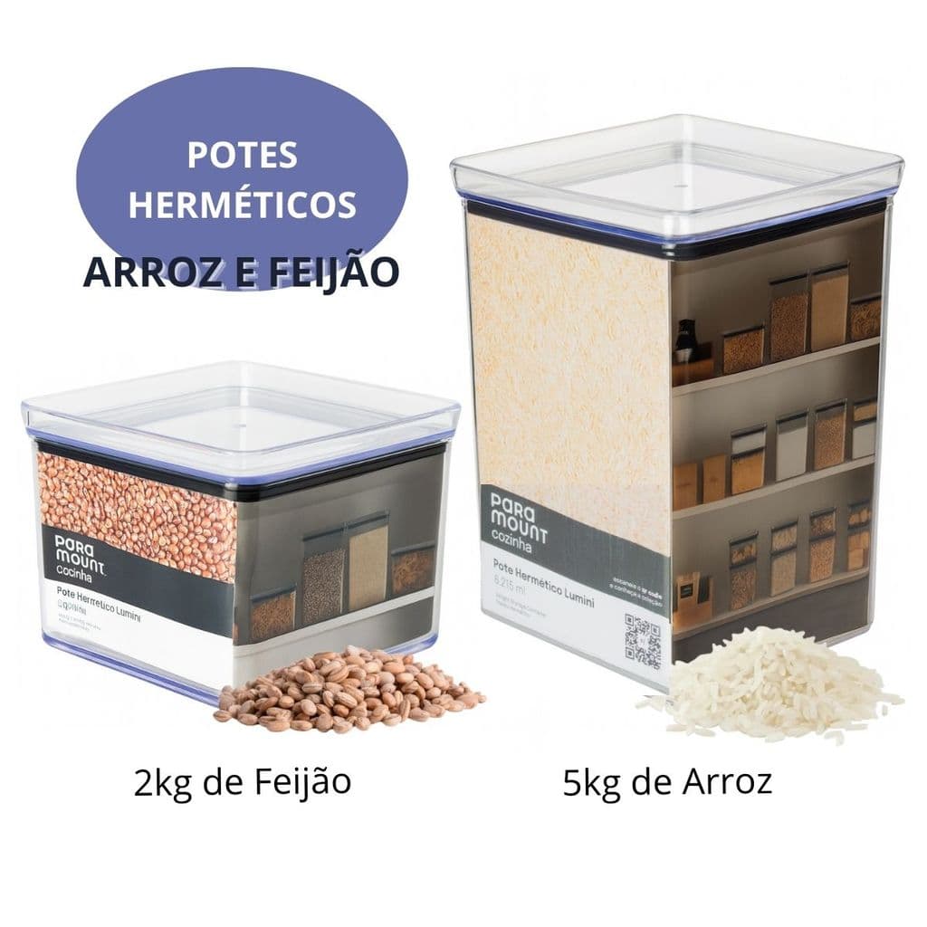 Kit Potes Herméticos 5kg Arroz 2kg Feijão Transparente
