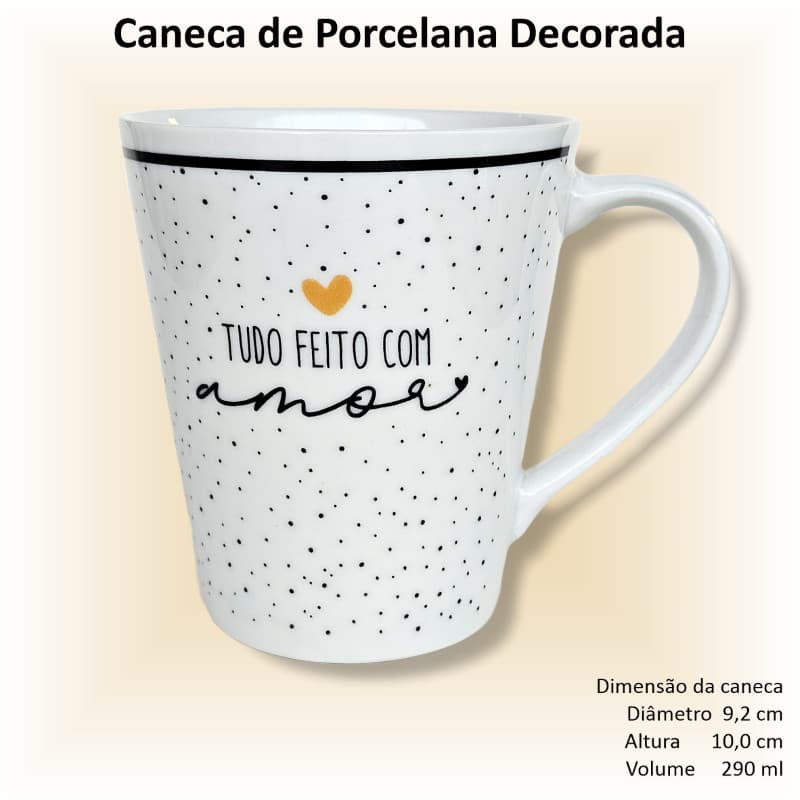 Caneca de porcelana branca, cônica, decorada, 290 ml, xícara, café, chá, Coleção GRATIDÃO - 1 caneca