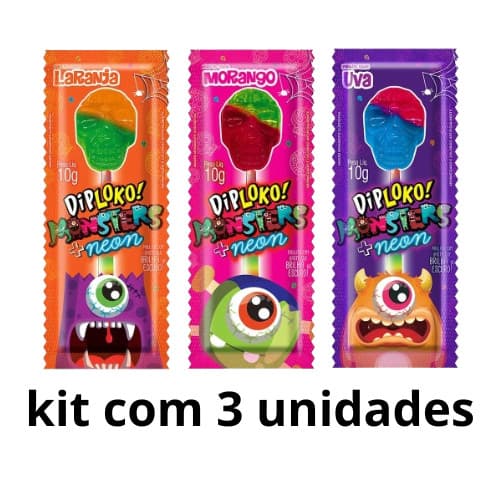 kit com 3un Pirulito Dip Loko Neon Monster Brilha No Escuro