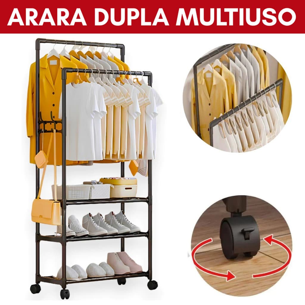 Cabideiro Arara Rack Organizador Sapateiro de Roupas Dupla 3 Prateleiras C/ Rodinhas