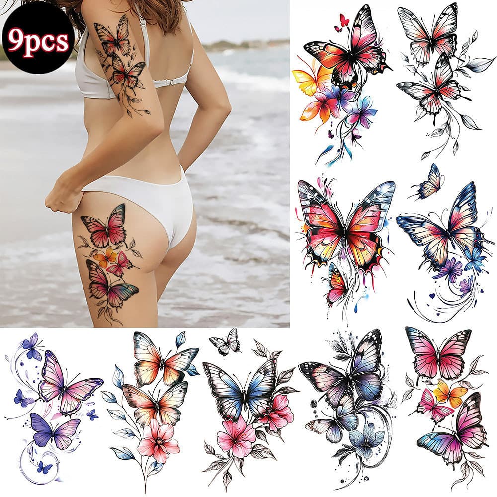 Tatuagem Falsa Temporária À Prova D'água , Transferência De Água , Arte Corporal , 9 Peças , Adesivo De Borboleta , Long