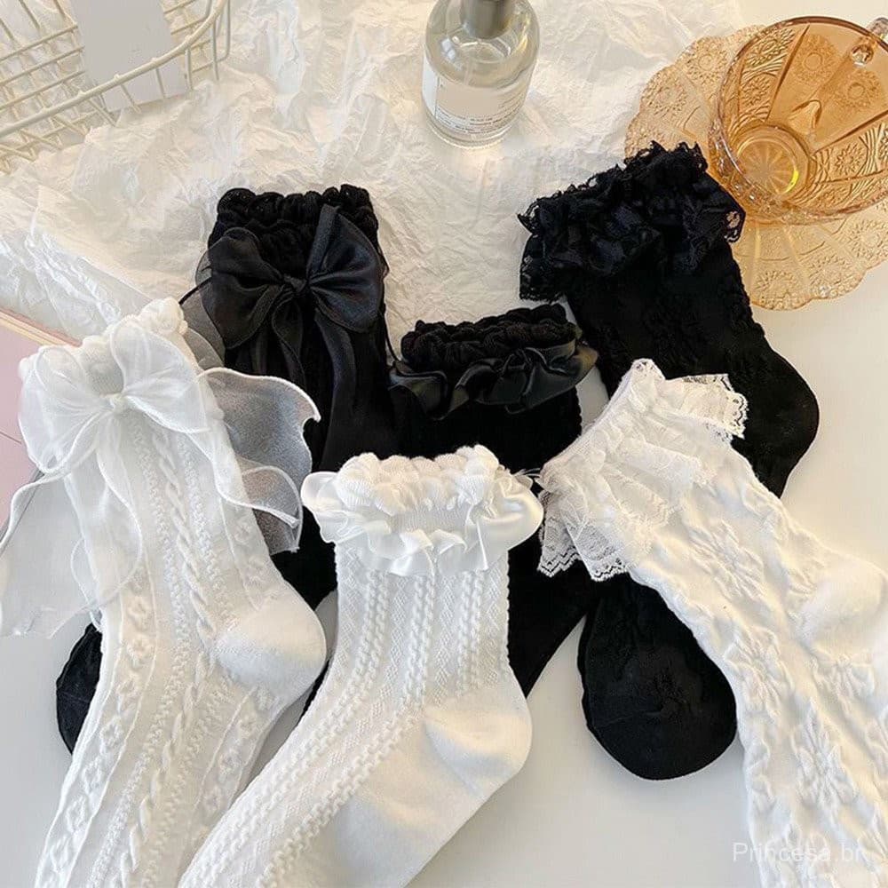 Meias de Renda com Laços, Comprimento Médio da Panturrilha, Estilo Lolita Fofo e Respirável para Meninas, Cor Sólida 869