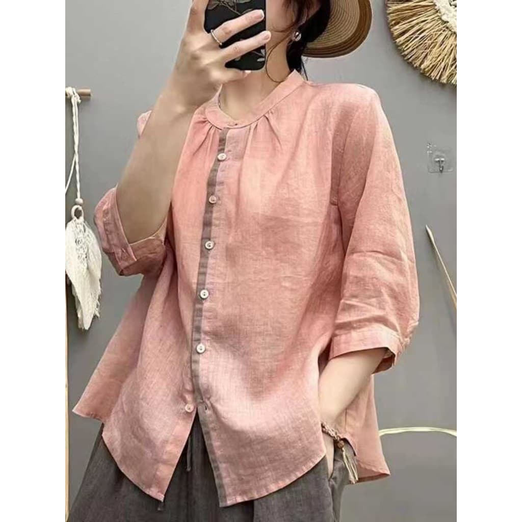 Retro estilo literário cor sólida costura contraste cor gola alta camisa de manga média feminina Casual solto S