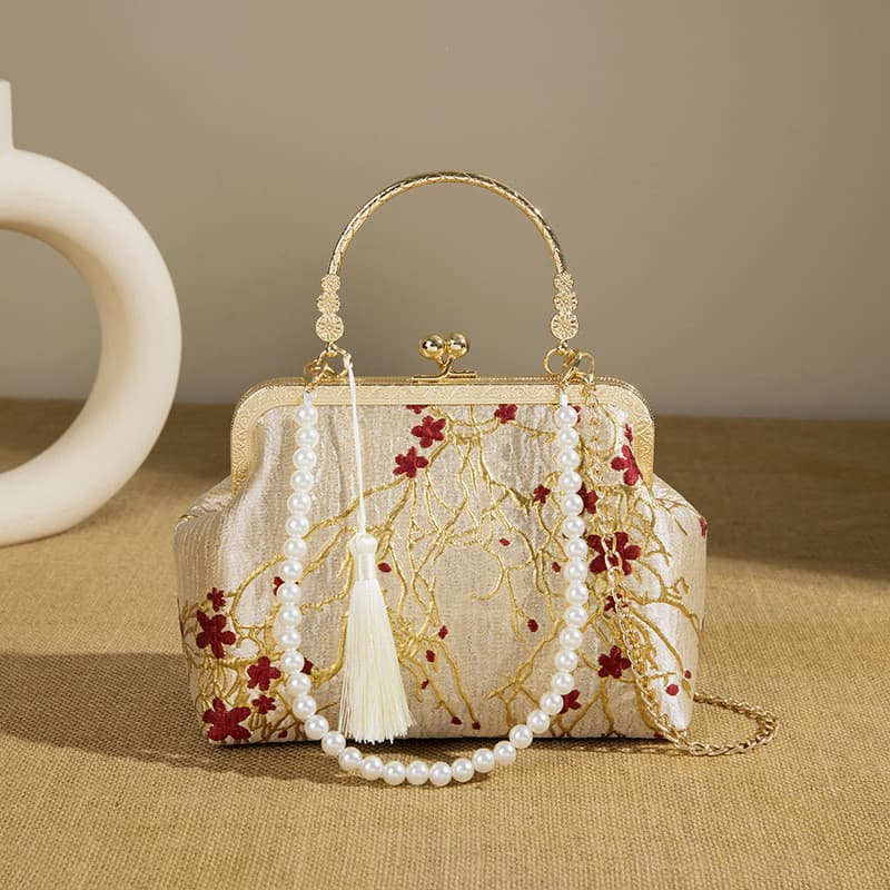 Fundo Dourado Flor Vermelha Retro Combinando Qipao Hanfu Chá Terno Bolsa De Casamento Crossbody Saco Estilo Chinês Femin