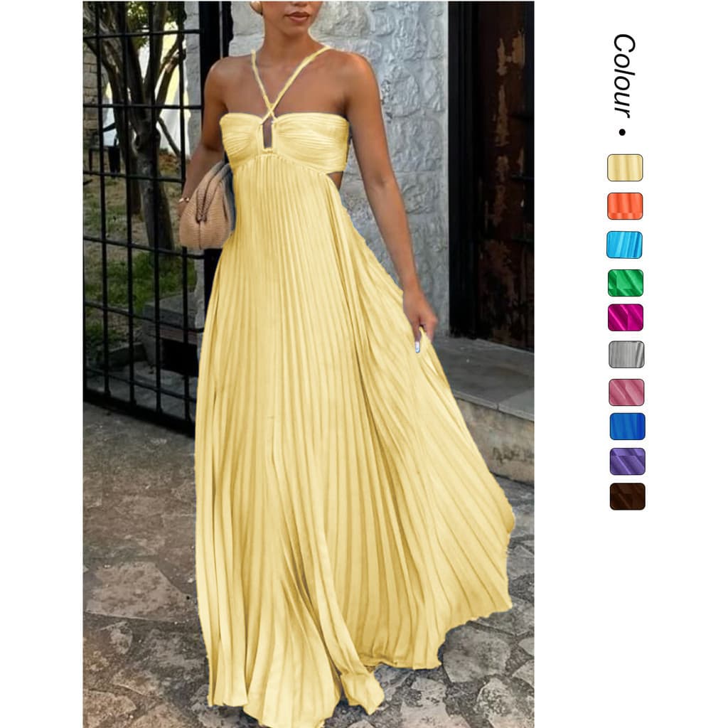 Vestido de Praia Feminino Sem Alças com Mangas Franzidas em Cor Sólida para o Verão IGVV