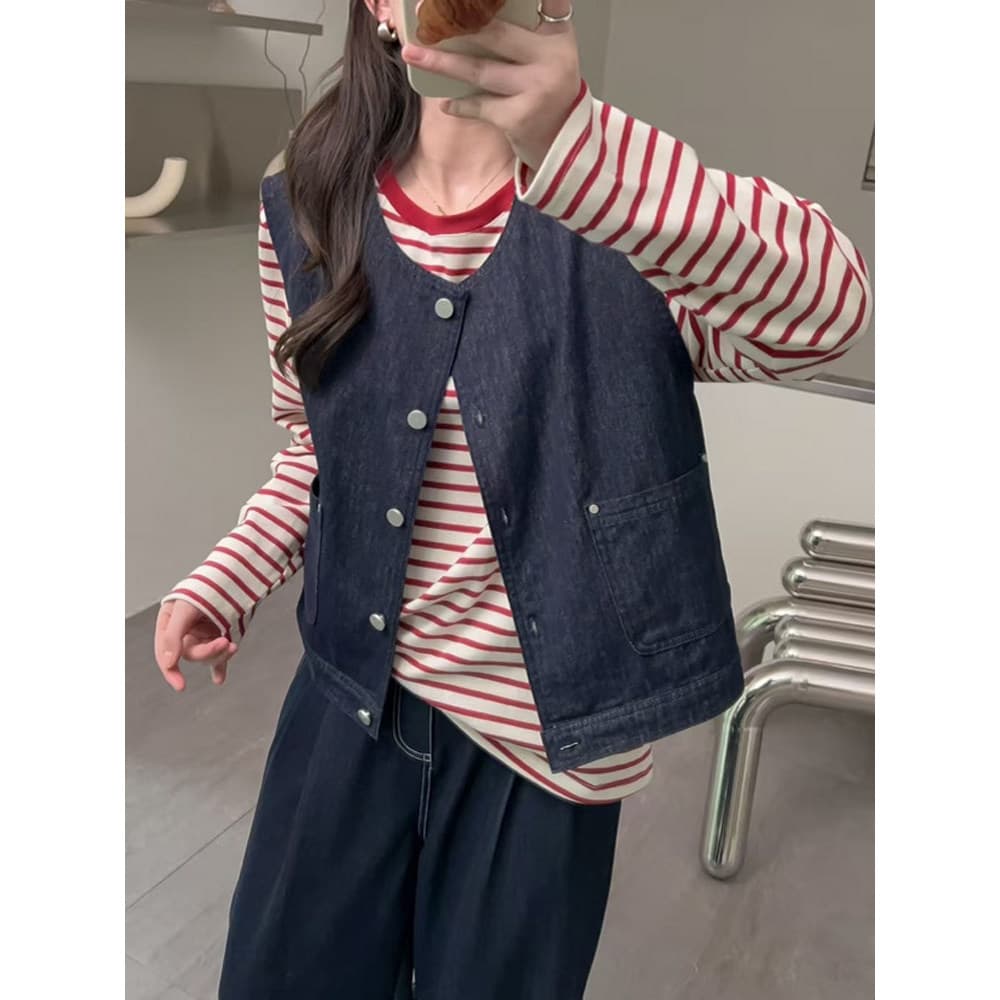 JIUHUAMU ~ verão novo estilo Casual simples colete Retro azul escuro All-Match em torno do pescoço sem mangas Denim cole