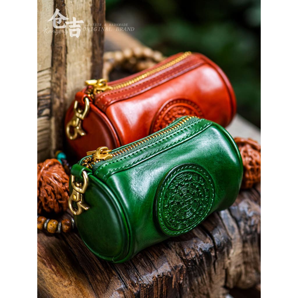 [Fu Lu Jucai] Bolsa de armazenamento de nozes Wenwan!Bolsa cilíndrica de couro artesanal Cangyo Bolsa com pulseira Bodhi