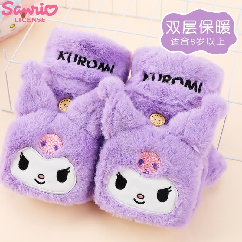 Kuromi melodia meninas luvas de inverno crianças luvas de pelúcia quente meninas meio dedo Flip estudantes do ensino fun