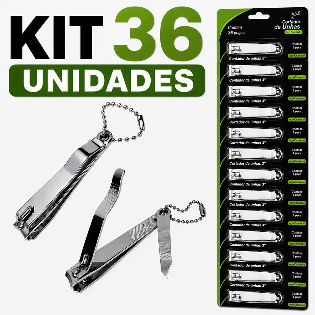 Kit 36/24/12 Cortador de Unha Grande de Cartela Revender Premium com Lixa Aço Cromado Mãos e Pés