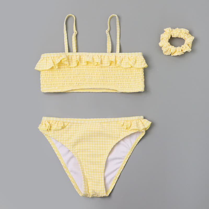 8818 comércio exterior menina divisão maiô bonito xadrez babados crianças biquíni creme amarelo meninas roupas de praia