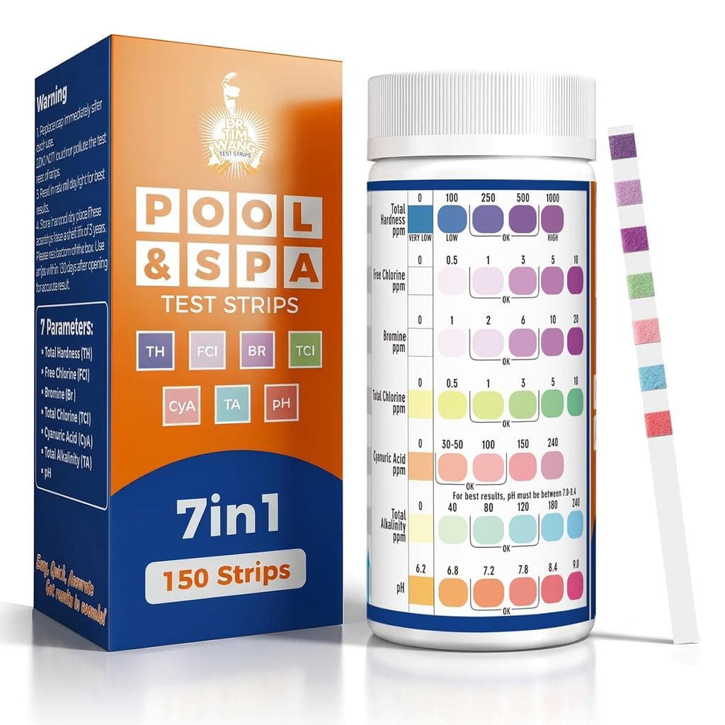 Tiras de Teste para Banheira de Hidromassagem 7 em 1, 150 Tiras de Teste para Piscina e Spa, Testa com Precisão pH, Clor