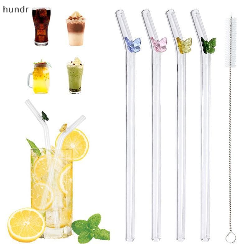 [hundr] Conjunto De Canudos De Vidro Borboleta , Ferramentas De Bar Reutilizáveis Para Smoothies , Cotails , Chá , Café