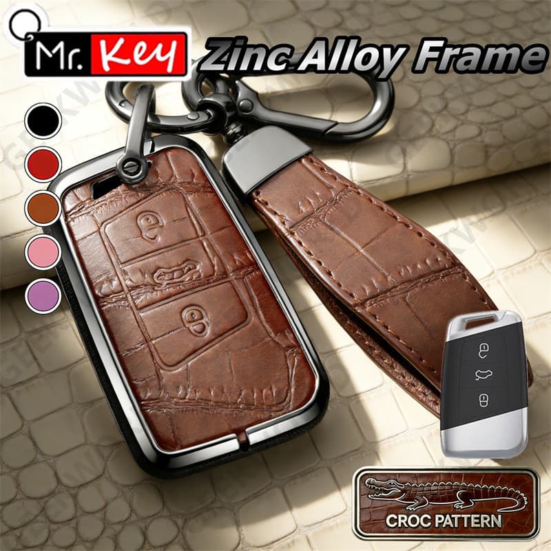 [Mr.Key] Capa De Chave De Metal De Couro Com Textura De Crocodilo VW Para Volkswagen Passat Jetta Taos Arteon Atlas
