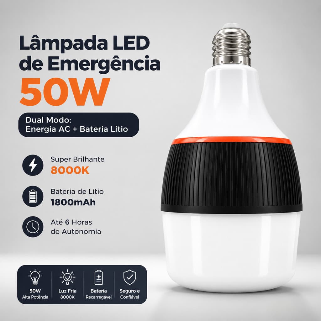 Refletor de Emergência LED 50W, Bivolt, 8000K, Base E27, Dois Modos, Bateria Recarregável