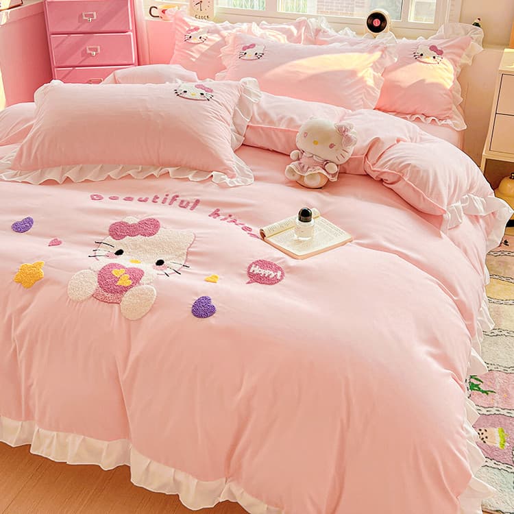 Menina coração cama conjunto de quatro peças algodão lavado dos desenhos animados bonito lençol estilo menina cama de so