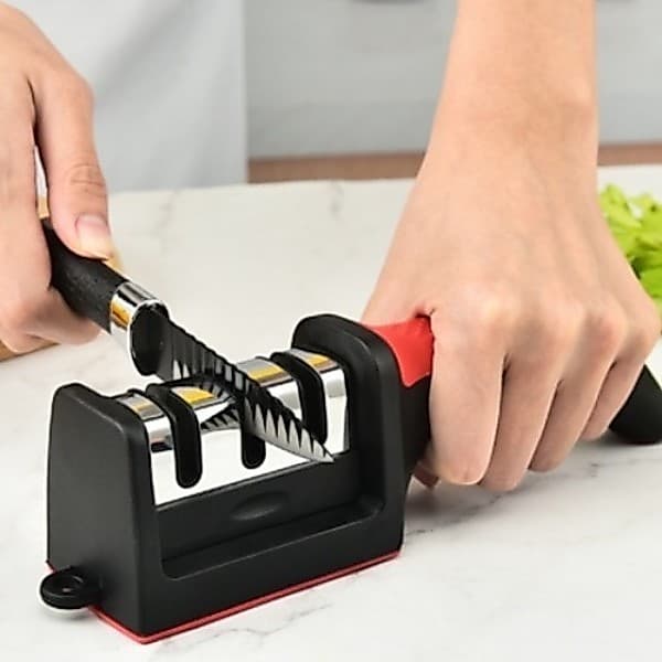Afiador Amolador De Facas Em Aço Inox Com 3 Borda Profissional Base Emborrachado