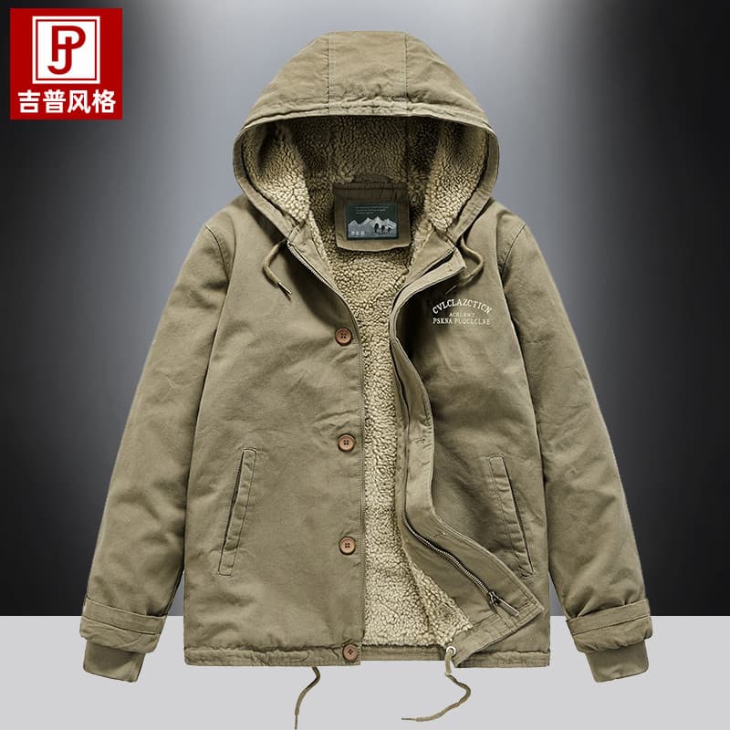 Inverno com capuz cordeiro velo algodão acolchoado jaqueta masculina velo acolchoado engrossado quente algodão acolchoad