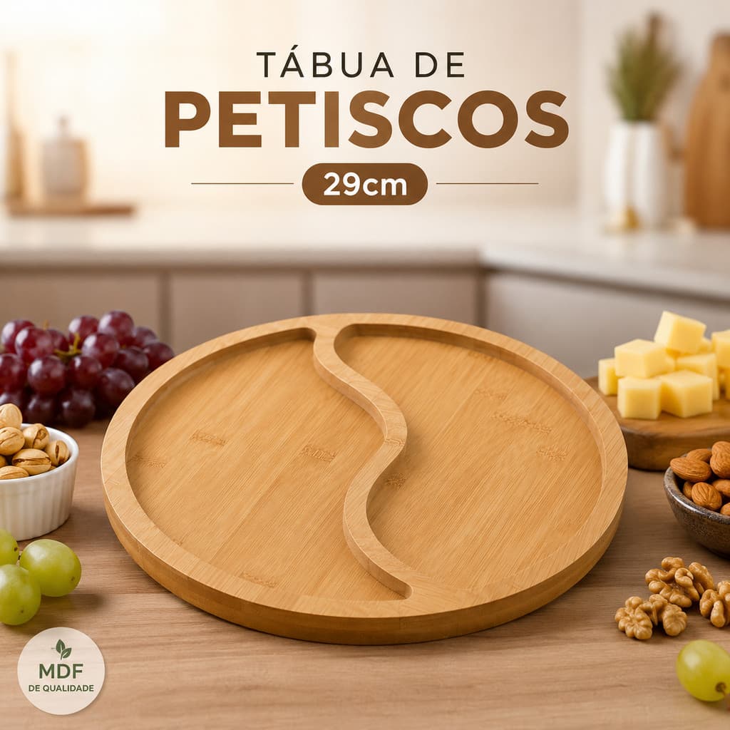 Tábua de Petiscos Redonda com Divisórias 29cm Bandeja para Frios Queijos Aperitivos Madeira MDF