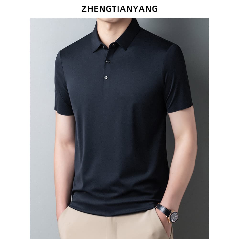 Camiseta masculina de manga curta fina de seda amoreira verão lapela sem costura camisa Polo respirável Casual seda gelo