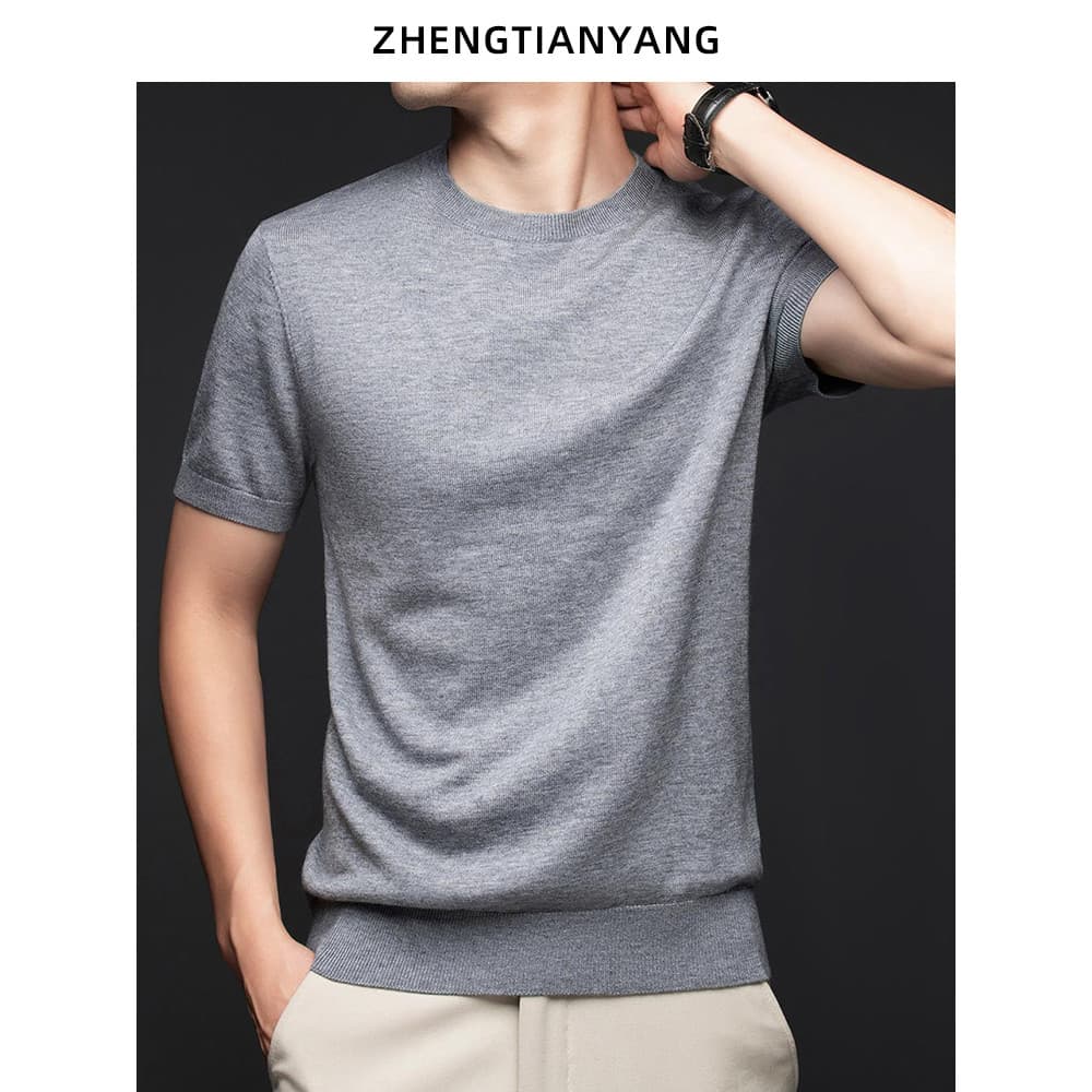 Máquina lavável antiestática amigável à pele dupla face de malha de manga curta camiseta masculina de lã primavera outon