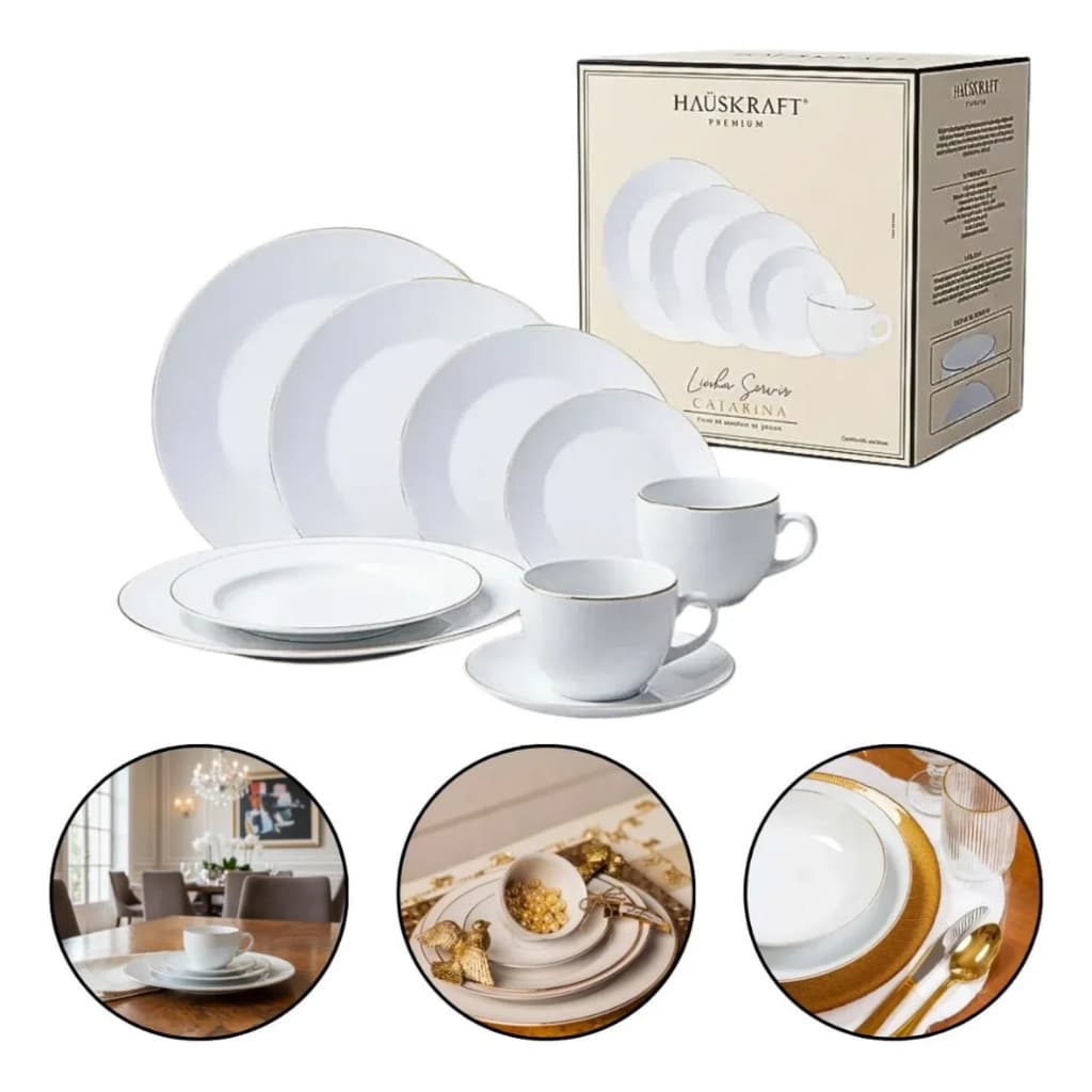 Aparelho De Jantar Borda Dourada Opaline 20 Pçs Hauskraft Branco