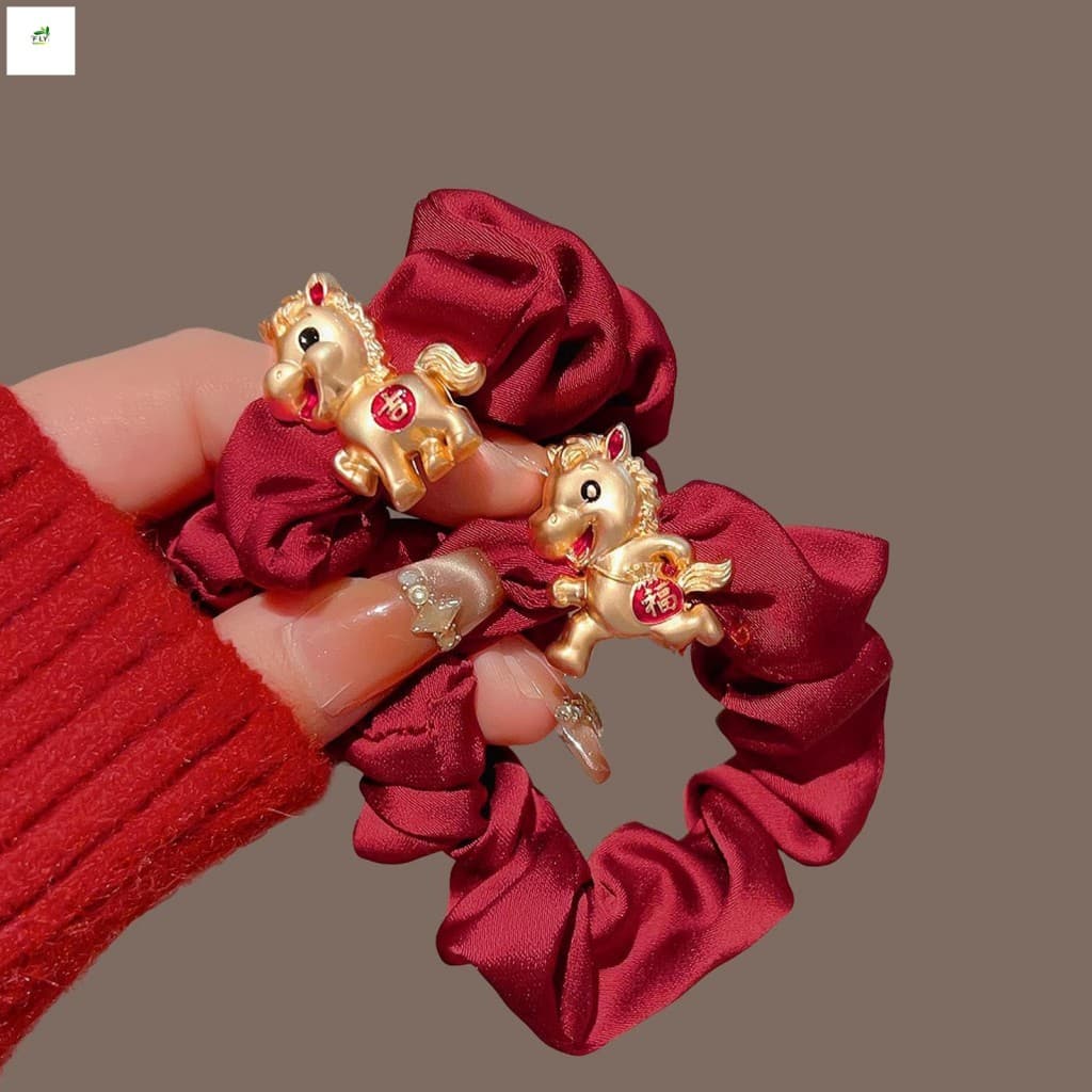 Laço De Cabelo De Ano De Cavalo De Seda Vermelha Para Meninas Elástico Bun Scrunchie Festivo Presente Novo